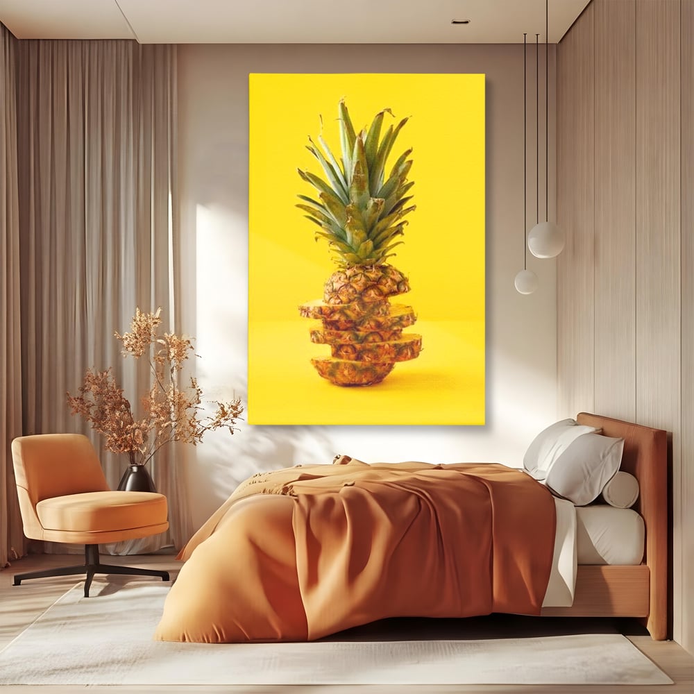 Tablou canvas cu tablou canvas cu ananas feliat, fara rama, pe sasiu de lemn, pe perete intr-un dormitor
